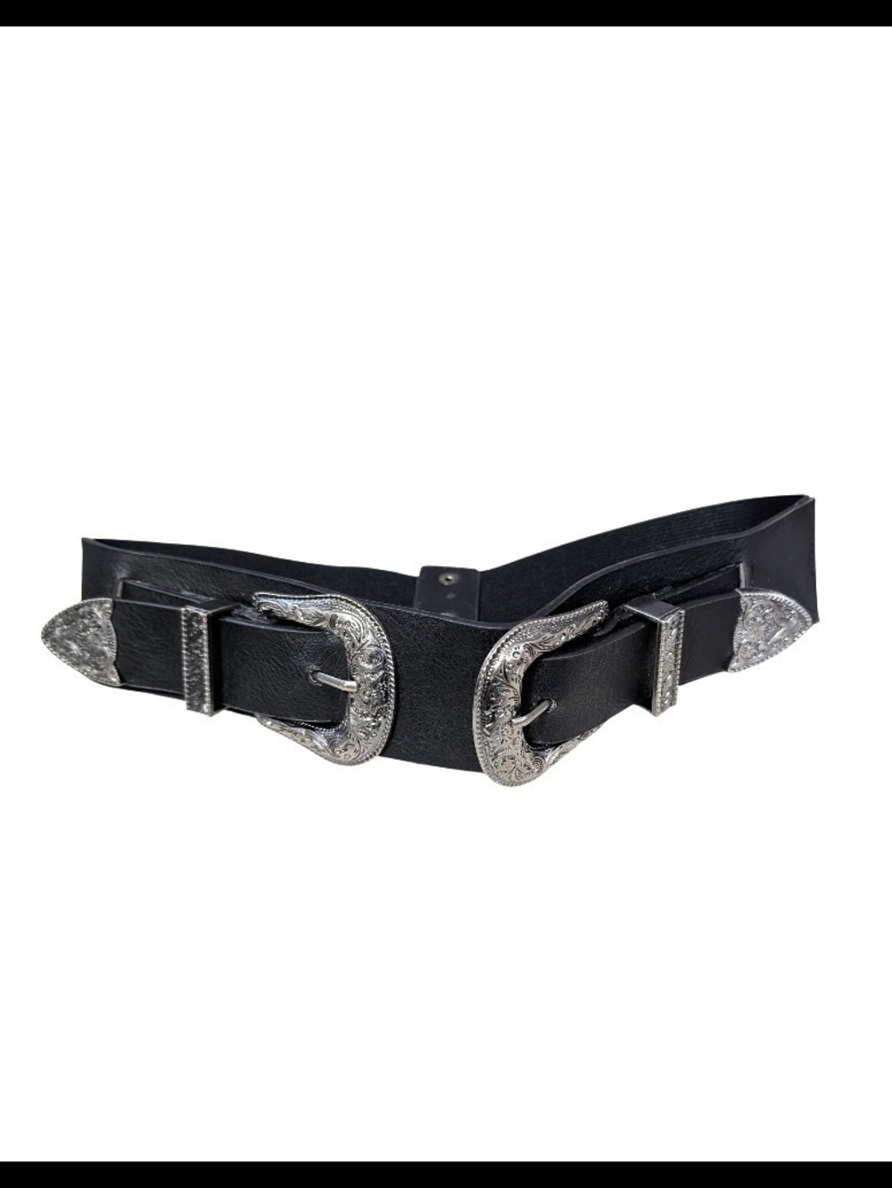 Vintage Western Double Buckle Elastic Stretch Waist Belt Black Silver Boho M/L